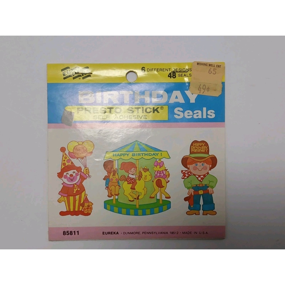 Eureka Vintage Happy Birthday Sticker Booklet Clown Cake Kitten Puppy